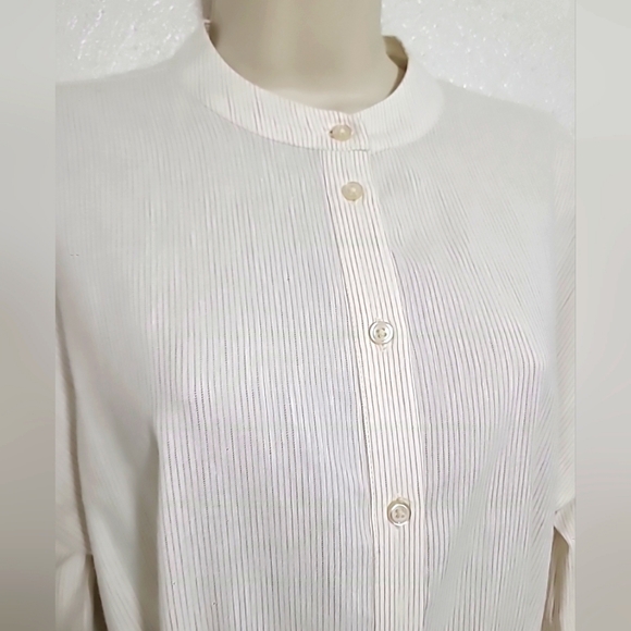 Alex Marie Long Sleeve Striped Fit & Flare Dress Button Up Stand Collar Beige 4 - Picture 5 of 10